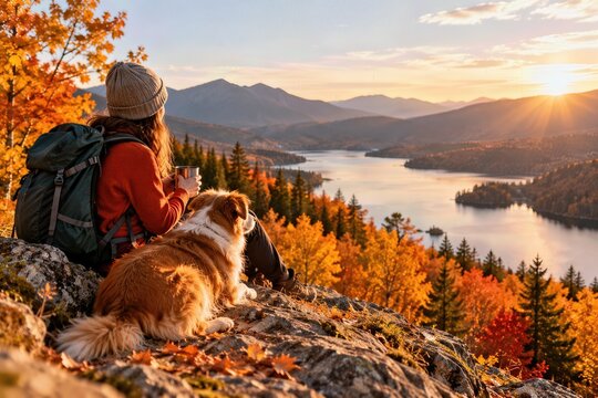 Woman Resting With Dog Above Autumn Mountain Lake