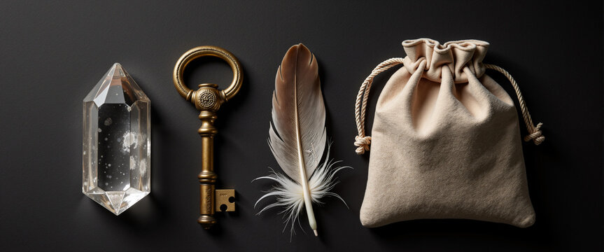 Top-down flat lay magical objects key crystal feather pouch for websites, blogs, clip art for postcards, stationery design, and educational materials about esotericism