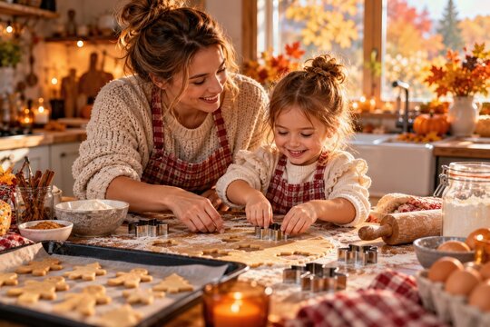 Mother and Daughter Baking Autumn Cookies at Home