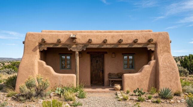 Adobe home exterior with a wooden porch and desert plants under a clear blue sky