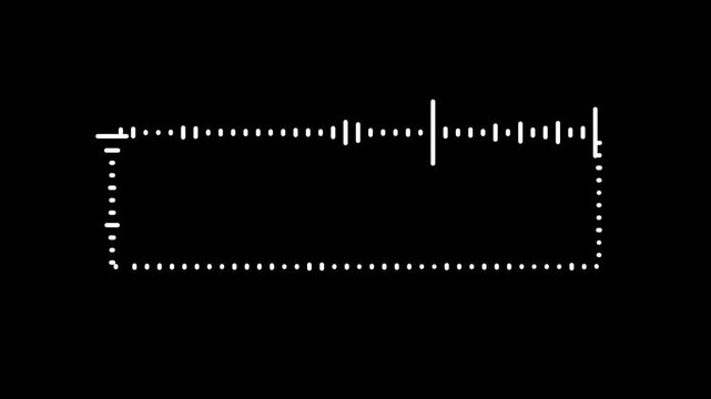 Rectangular glowing sound equalizer HUD element on black. Wide frame frequency waveform animation ideal for styling modern lower thirds. Composite utilizing the additive screen blending modes.