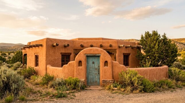 Adobe pueblo style home with a turquoise door in a desert landscape during golden hour
