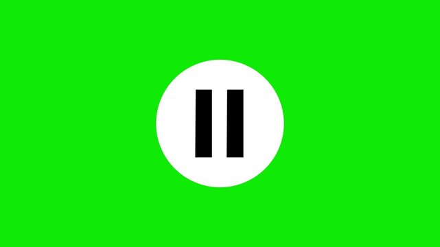 Clean white circular pause and play button icon loop over a bright green screen background. Highly suitable for digital media playback interfaces. Apply a simple chroma keying effect for compositing.