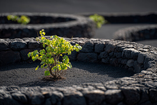 Mature Grapevine Growing in Traditional Volcanic Ash Planting Pit in La Geria, Lanzarote