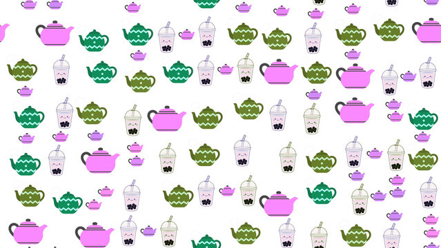 Cute Teapots and Bubble Tea Cups Pattern