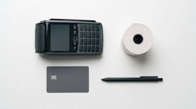 Payment hardware knolling with contactless card reader terminal, smart card, receipt roll and stylus on white surface