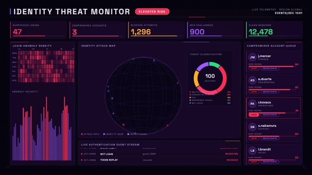 Explore a futuristic identity security dashboard showcasing suspicious logins and compromised accounts with animated metrics and threat classification visuals in a dark mode interface.