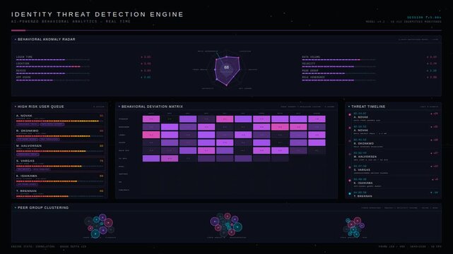 Dynamic identity threat detection dashboard showcasing unusual user access behavior with a dark interface and animated visualizations for enhanced security insights.