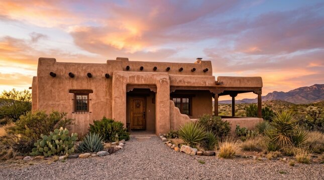 Adobe style house with a gravel path surrounded by desert plants at sunset in a mountainous landscape