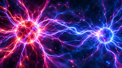 Fototapeta premium Abstract scientific background featuring glowing red and blue plasma spheres connected by crackling electrical energy and cosmic particles in a dynamic cosmic digital space