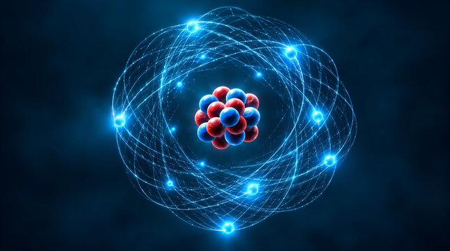 Glowing microscopic atomic structure illustration with blue and red protons neutrons and orbiting electrons representing quantum physics and scientific energy