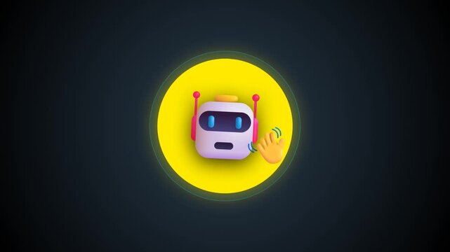 Cute 3d robot character waving in yellow circles on dark background