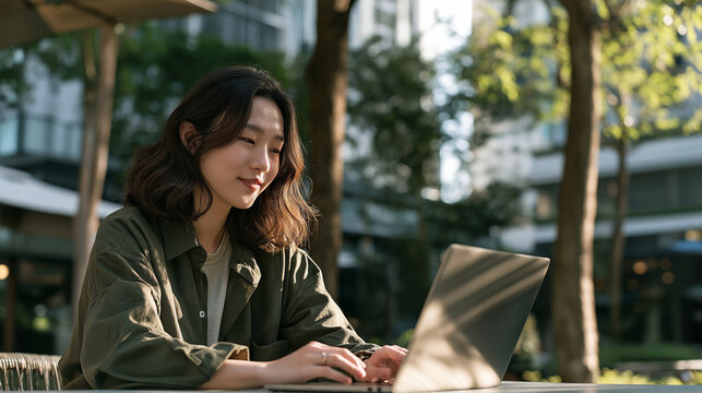 Asian female freelancer working on a laptop at an outdoor table in a leafy setting, combining flexible remote work with a quiet nature-filled workspace