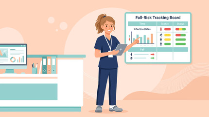 Obraz premium Nurse with Tablet by Fall-Risk Tracking Board in Hospital Office