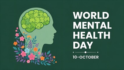 Human head profile illustration featuring green puzzle piece brain graphic decorated with colorful floral elements alongside bold white typography for world mental health day celebration