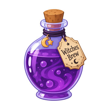 Cute potion glass bottle filled with purple magic potion labeled Witches Brew Halloween cartoon vector illustration isolated on white background