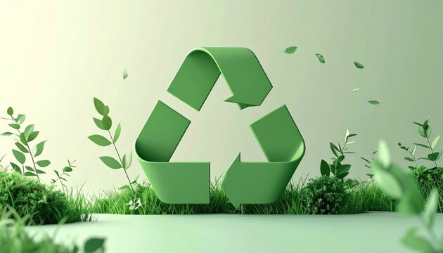 Green recycling symbol surrounded by plants on clean background