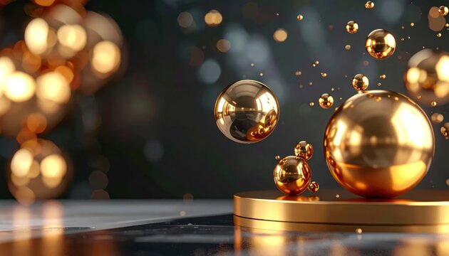 Luxury golden spheres floating over pedestal with bokeh background