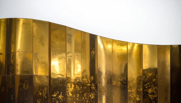Abstract wavy gold panel wall on white background