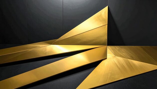 Abstract golden geometric sculpture on a dark black background