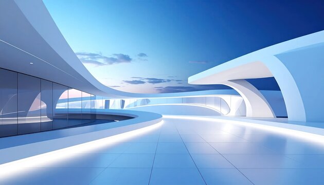 Futuristic minimalist white curved building with glass under twilight sky