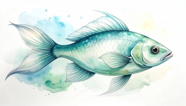 Teal and blue watercolor fish illustration isolated on white