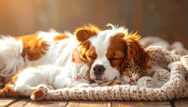 Dog and kittens sleeping together on soft knitted blanket