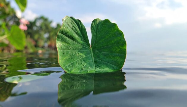 Large green leaf reflecting on calm water surface