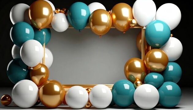 Elegant teal gold and white balloon frame with copy space