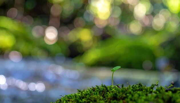 Small green sprout growing on moss near a forest stream