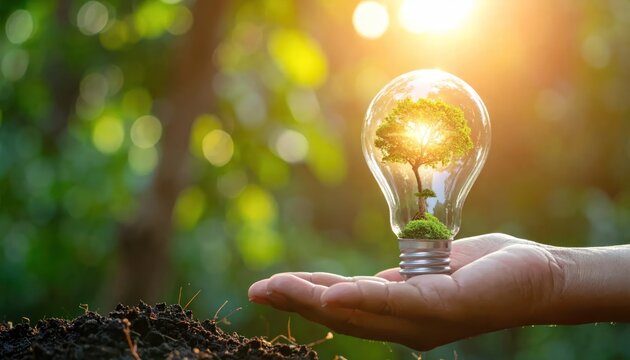Hand holding light bulb with green tree in sunny forest