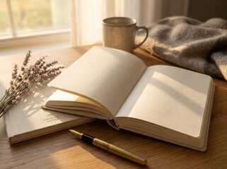 Obraz premium Open blank notebook with a fountain pen and lavender on a wooden desk near a window during the warm golden hour light