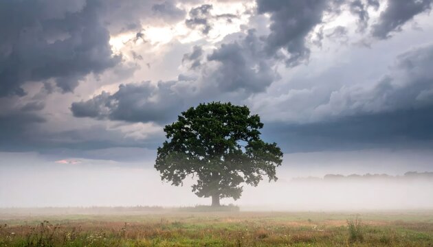Lone tree in misty field under dramatic storm clouds