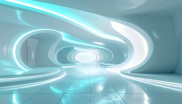 Futuristic white corridor with glowing cyan neon lights