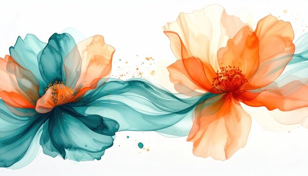 Teal and orange abstract alcohol ink flowers on white background