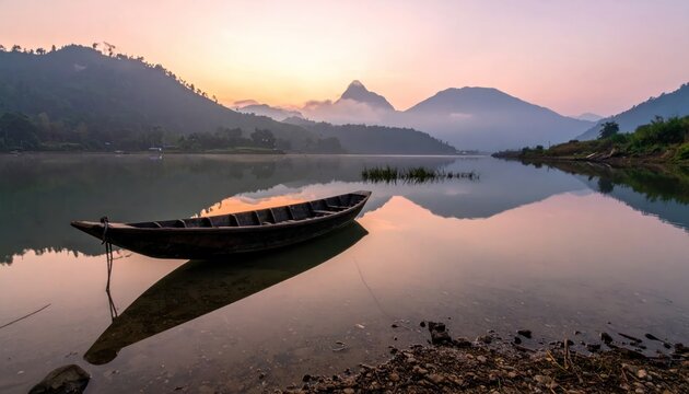Wooden boat on a calm lake at sunrise with mountains