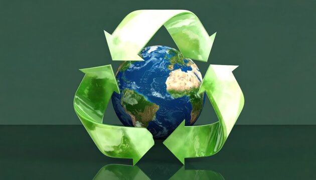 Earth globe encircled by large green glossy recycling symbol