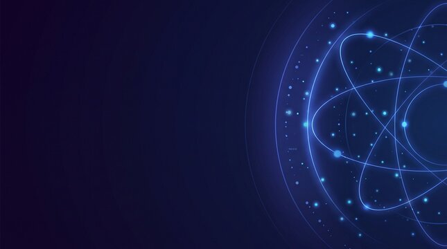 Abstract Blue Atomic Structure and Concentric Light Rings on Dark Background for High-Energy Technological Display