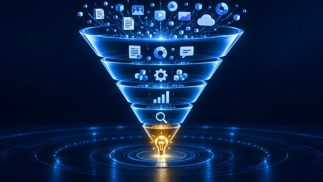 Data analytics funnel transforming raw digital information, media, and cloud files into actionable business insights and glowing lightbulb idea