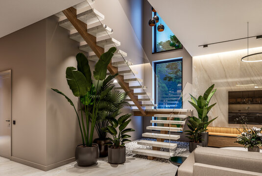 3D render of a luxury open-concept interior featuring a modern living room, dining area, floating staircase, marble accents, and panoramic windows with a pool view