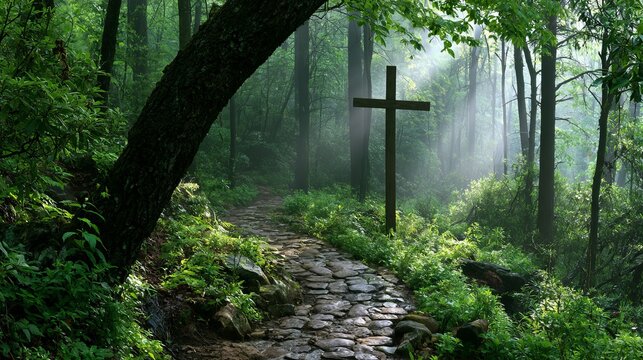Wooden cross standing prominently on a path within a dense, misty forest, representing faith and spiritual journey