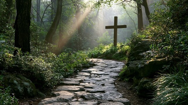 Sunlight streams through forest, illuminating a rustic cross on a stone path, symbolizing hope and spiritual reverence