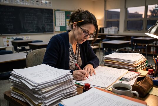 A teacher sits at a desk in a classroom, focused on grading papers. Stacks of assignments surround her while she writes notes with a red pen
