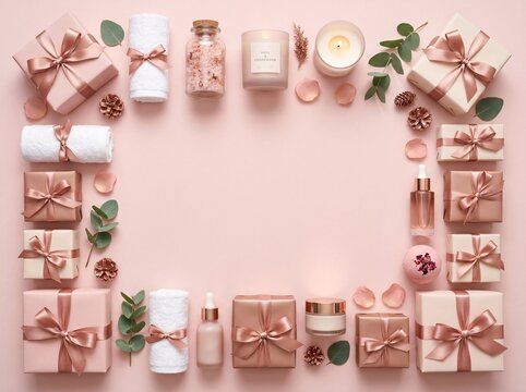 Christmas gifts and spa beauty products with copy space