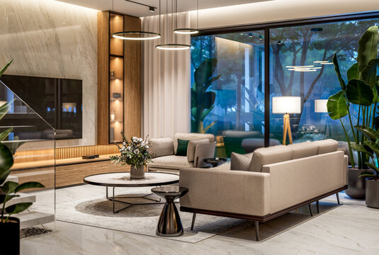 3D render of a luxury open-concept interior featuring a modern living room, dining area, floating staircase, marble accents, and panoramic windows with a pool view