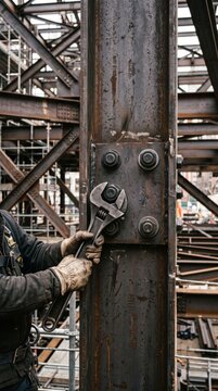 Construction worker wearing leather gloves uses an adjustable wrench to tighten a steel bolt on an industrial beam