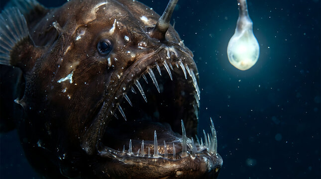 Mysterious Deep Sea Anglerfish Hunting with Bioluminescent Lure in the Abyss