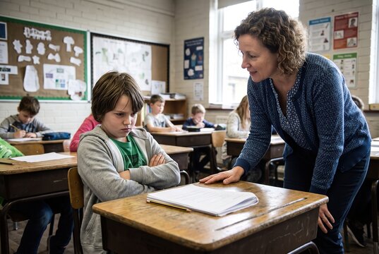A teacher talks to a student sitting at a desk in a classroom. The student looks upset while other children are engaged in activities. It is a school