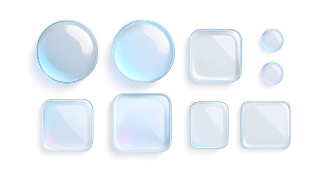 frames made with 3D liquid glass featuring a gentle refraction, buttons that are rounded square and white backgrounds. Ideal for phone app design, modern glassmorphism UI elements on a white canvas
