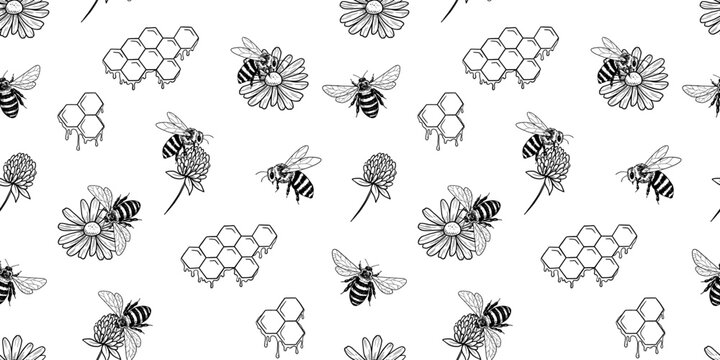 Seamless pattern with flying bee and flowers sketch. Vector print with wild insect, monochrome hand drawn vintage line graphic wooden honey dipper with drips
